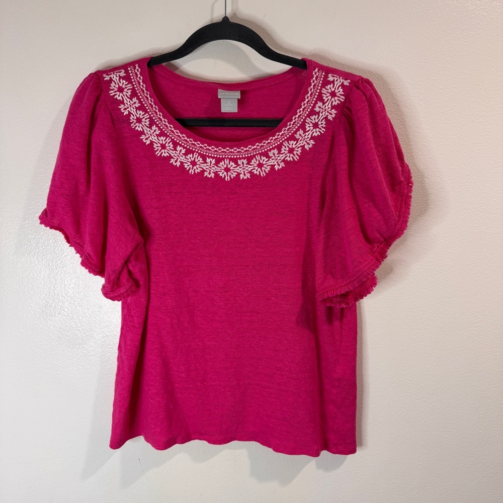 Chico's T-shirt Blouse 2 / Large 100% Linen Pink White Embroidered Boho Fringe